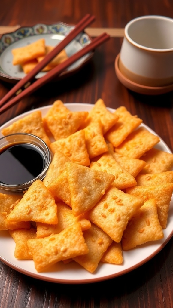A plate of crispy Japanese rice crackers with sesame seeds and soy sauce for dipping.